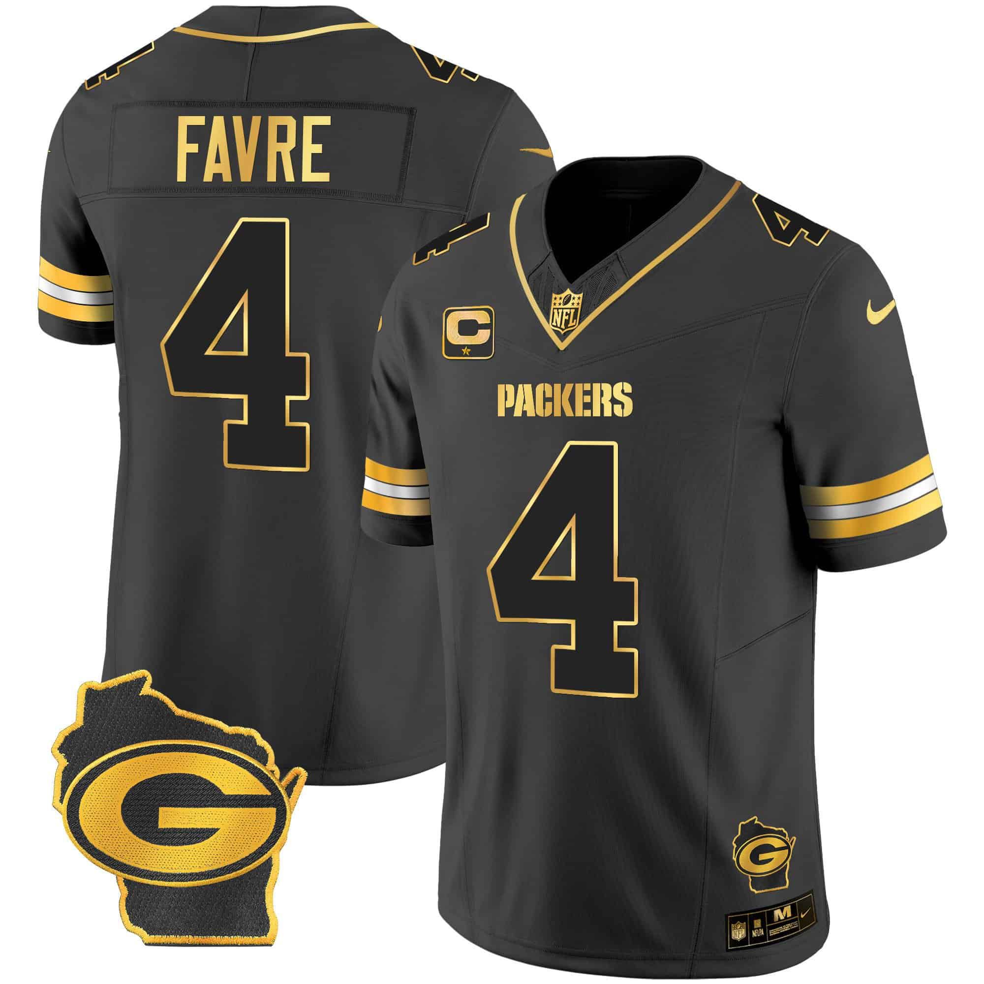Men Green Bay Packers #4 Favre Black Gold 2024 Nike Home Patch Vapor NFL Jersey style 2